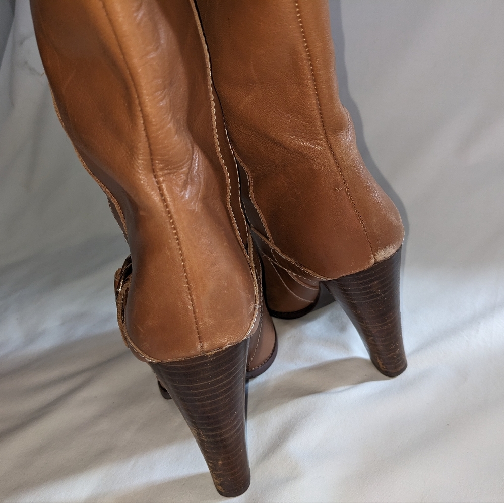 Lauren Ralph Lauren Heeled Tan Leather Boots with Buckle Size 7 - Picture 5 of 11